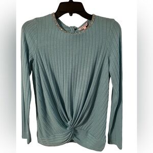 Juicy contour small tie front/jewel,tie back long sleeve top aqua teal color